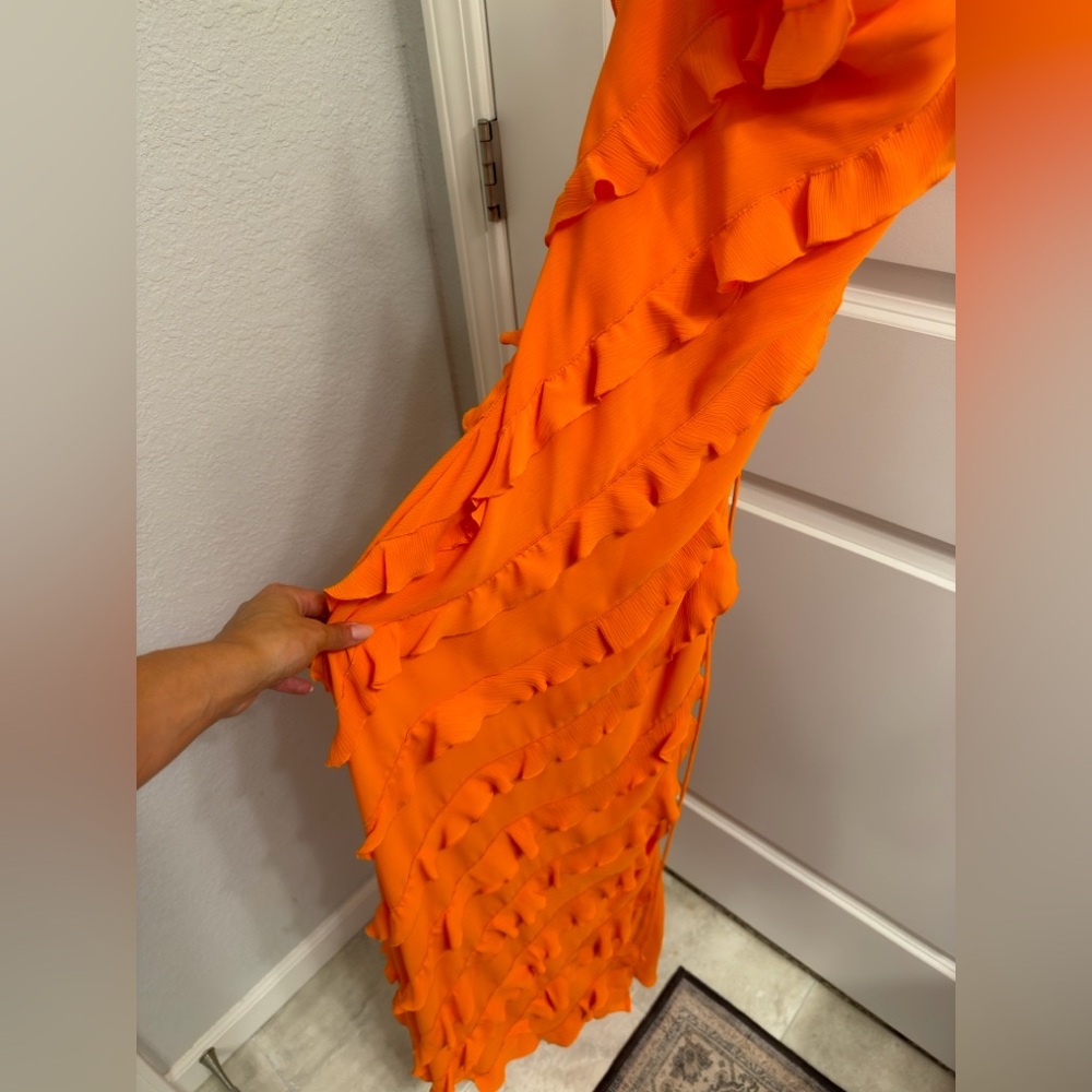 STAUD Elvire Open-Back Ruffled Crepe Maxi Dress Nectarine Orange - Picture 7 of 10